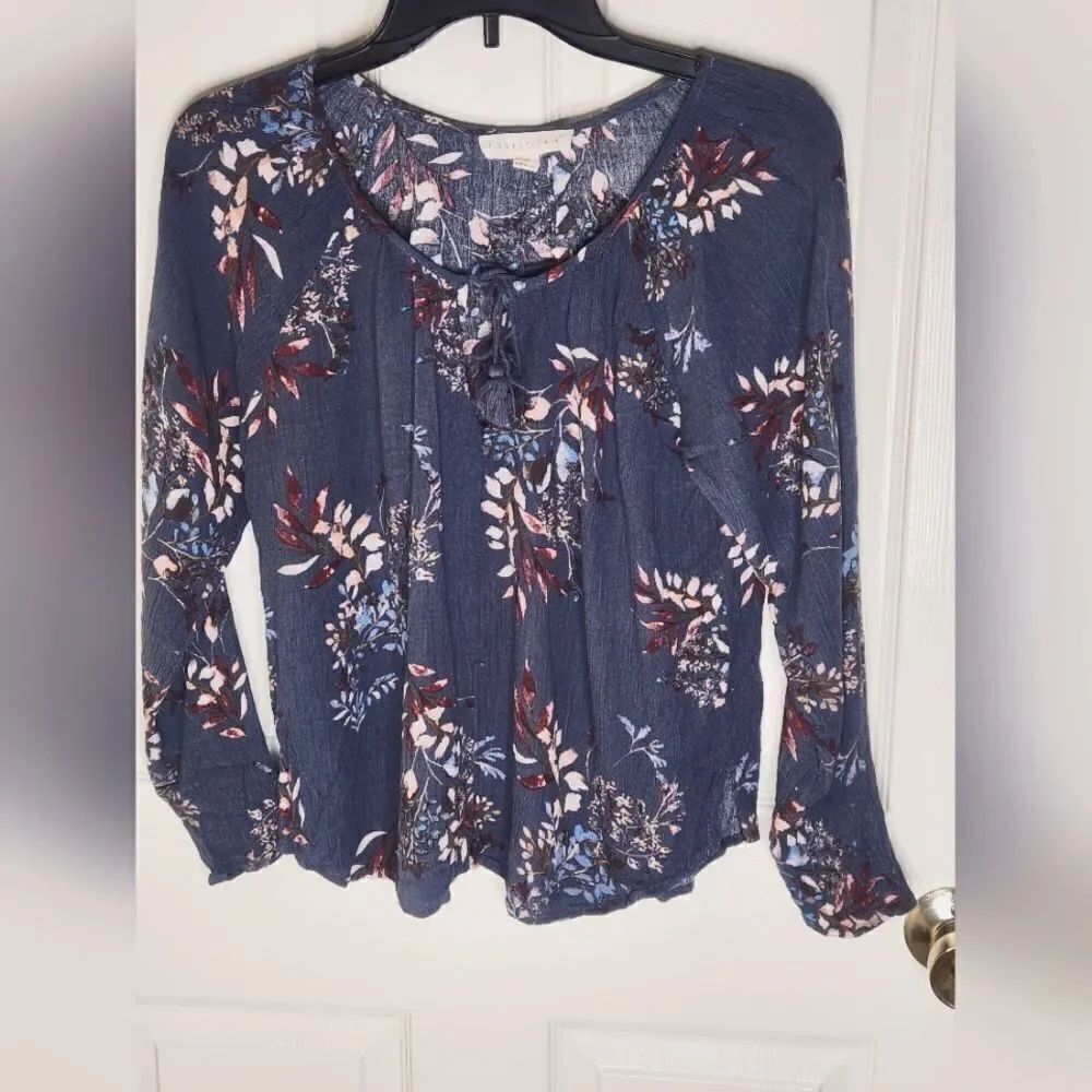 Lovestitch M Gray Lead Floral Print Peasant Boho Lngslvs Women's Top Blouse